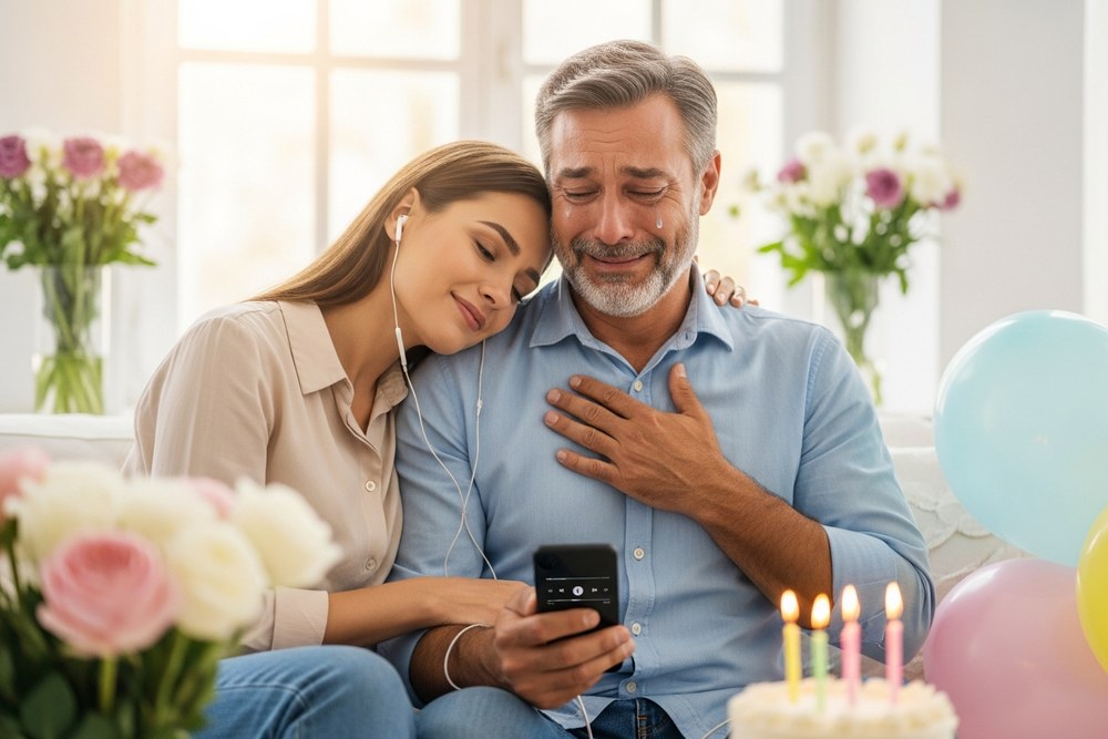 A father and daughter listening to his custom birthday song together on shared earbuds, the dad moved to happy tears